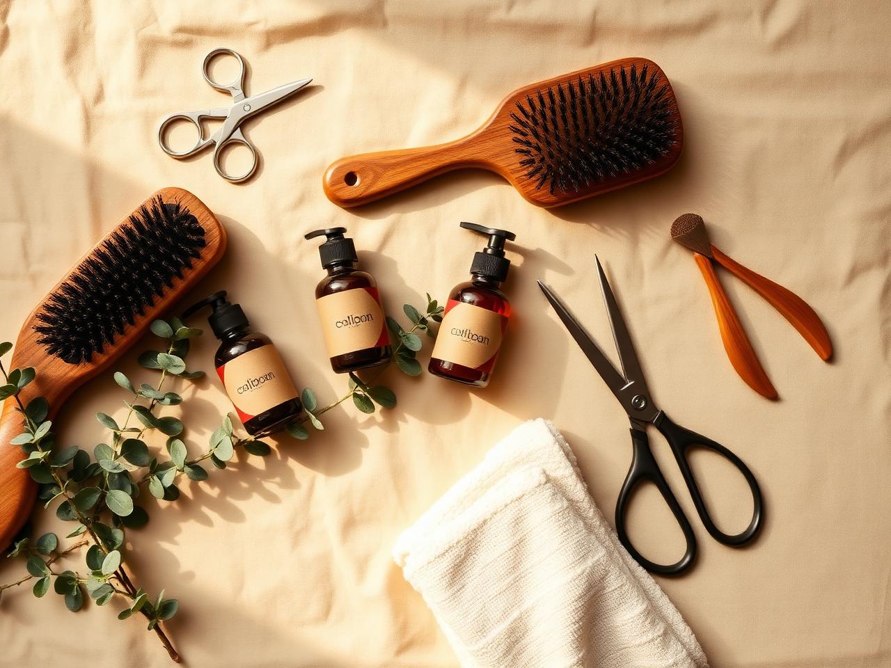 Grooming tools on warm linen — brushes, shampoos, and scissors